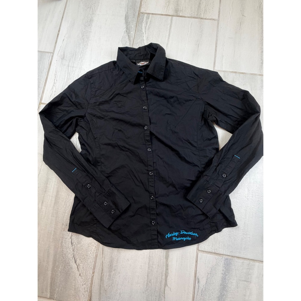 Harley-Davidson Womens Black Blue Graphic Rhinestone Button‎ Down Shirt Large